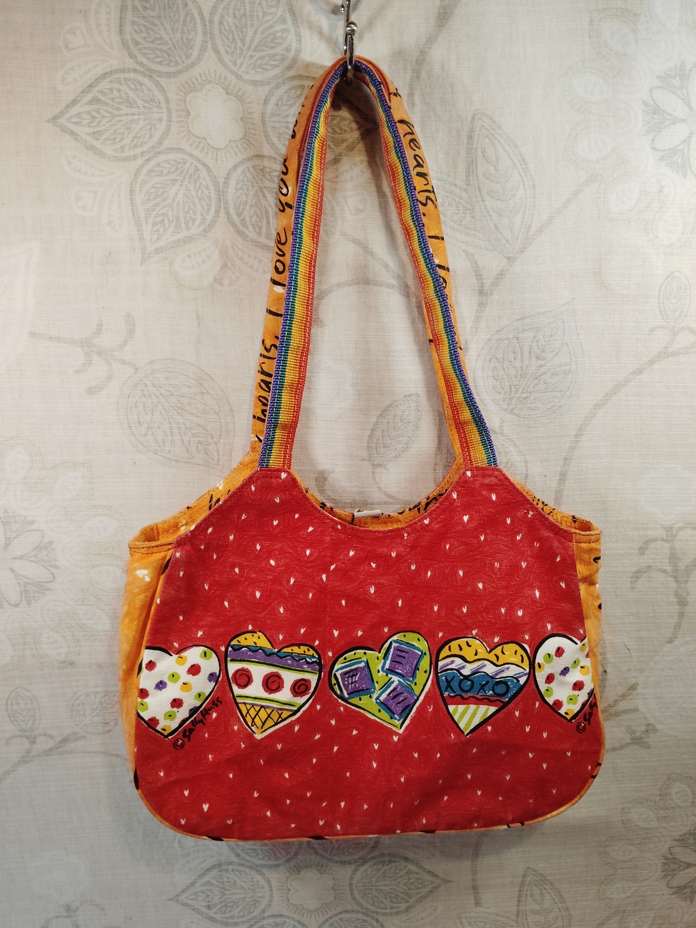 Sally Huss Red Heart-Pattern Shoulder Bag with Yellow Accents
